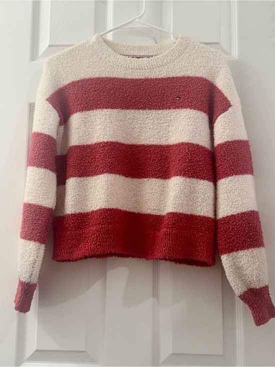 Tommy Hilfiger Sweaters - Tommy Hilfiger Cozy Pink & White Striped Fluffy Chenille Crewneck Sweater